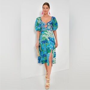 NWT Farm Rio jungle panther blue/green pattern linen midi dress - XXS